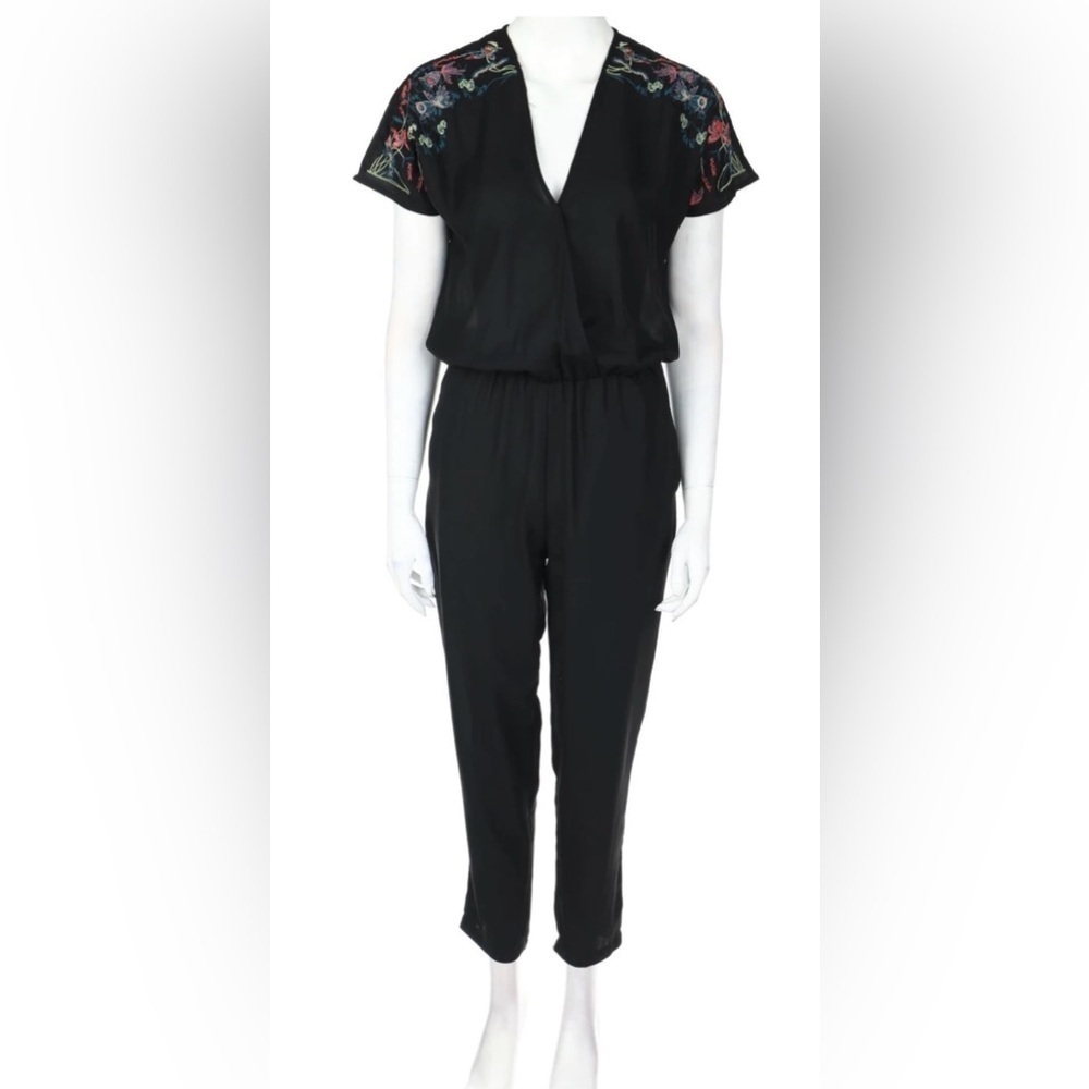 ZARA Trafaluc Black w/ Stitch Embroidered Floral Jumpsuit Size XS